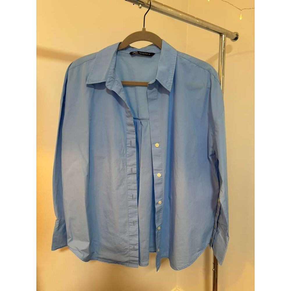 ZARA Women Blue Button Up Shirt Size M Oversized Long Sleeve Casual Top - Picture 2 of 8